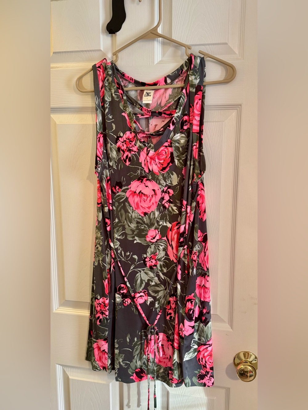 Sew In Love Floral Tank Dress in Dark Gray with Pink Roses